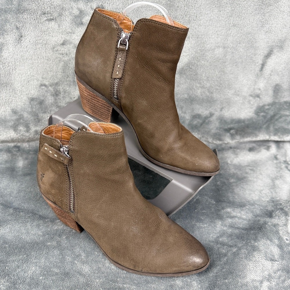 Frye Ankle Boots Women 7 Olive Green Leather Side Zip Stacked Heel Booties